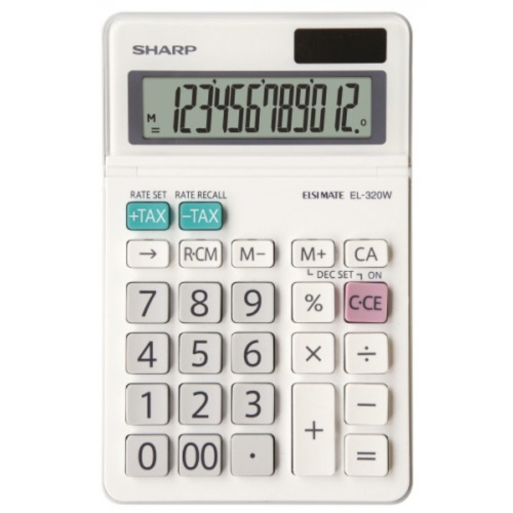 Настолен калкулатор SHARP 12 digits, Dual power, Сгъваем дисплей,EL-320W, Бял