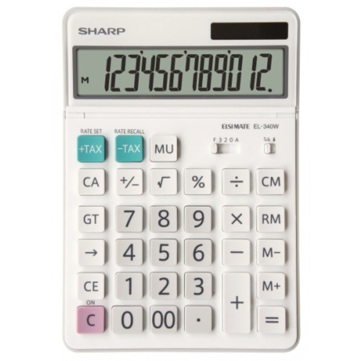 Настолен калкулатор SHARP 12 digits, Dual power, Сгъваем дисплей,EL-340W, Бял