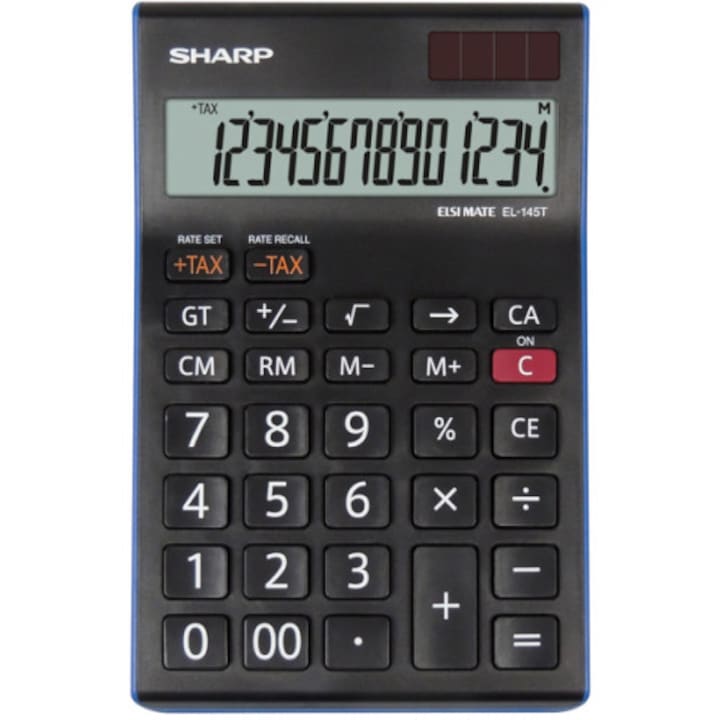 SHARP 14 számjegyű asztali számológép, Elem és napelem, EL-145TBL - fekete