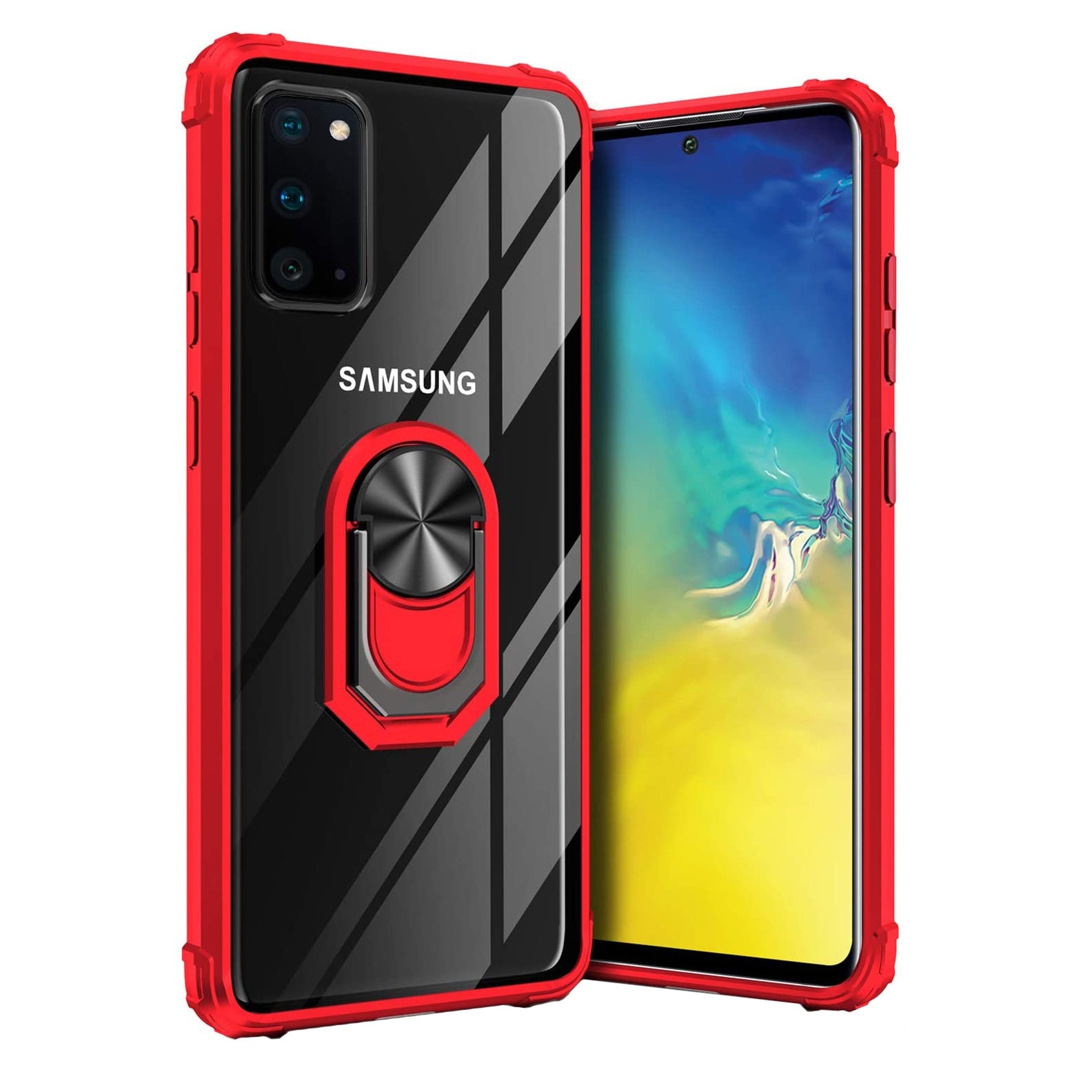 Husa Samsung Galaxy S20, Hybrid Antisoc, carcasa cu bumper, inel rotativ 360 si Kickstand, Rosu