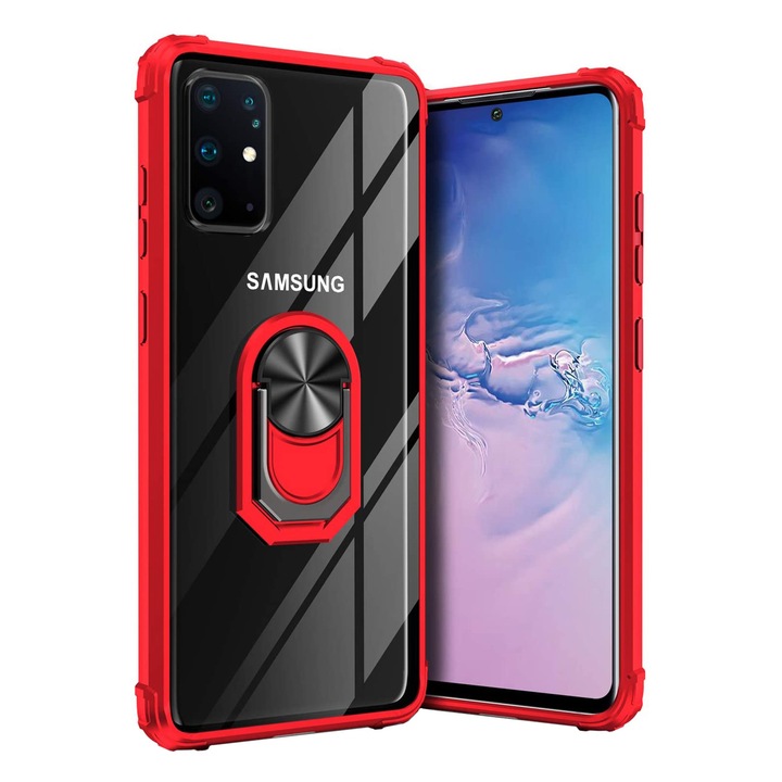 Husa pentru Samsung Galaxy S20 PLUS, Hybrid Antisoc, carcasa cu bumper, inel rotativ 360 si Kickstand, Rosu