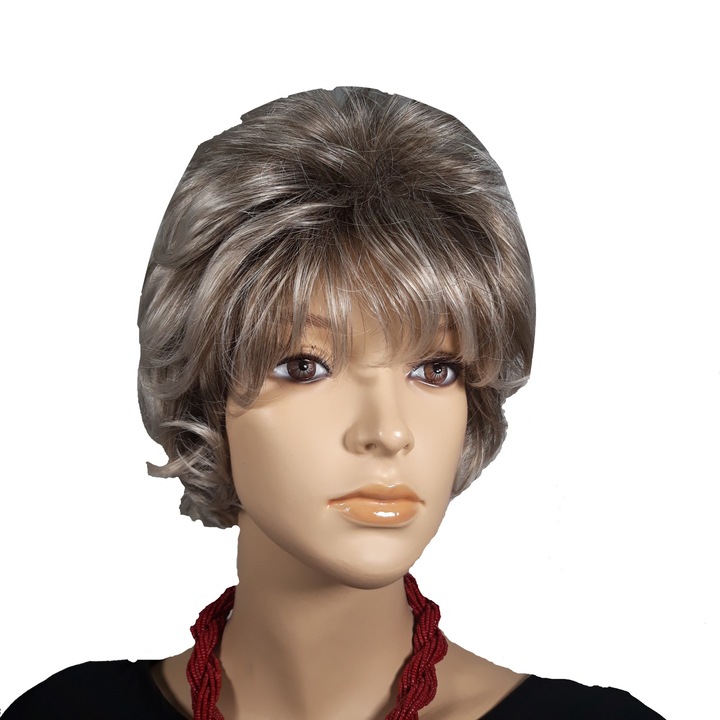 Peruca dama, fibra sintetica, cu aspect natural, gri mediu