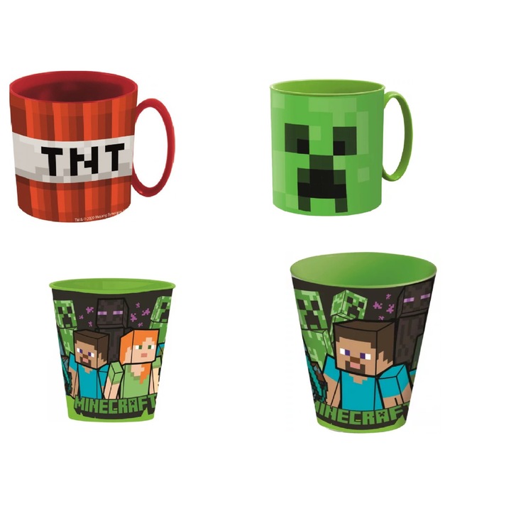 Комплект от 4 чаши Minecraft, за микровълнови, пластмасови, Многоцветни