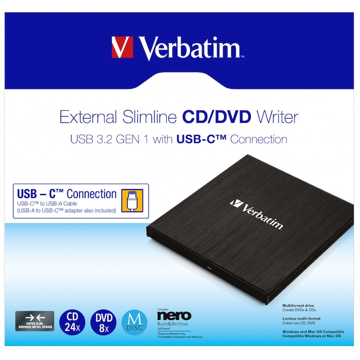 DVD-RW extern Verbatim Slimline, USB 3.2 Gen 1/ USB-C, Negru
