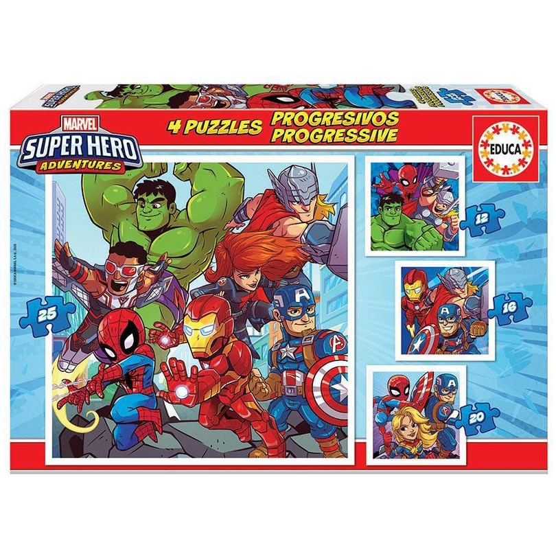 Puzzle 4 in 1 Educa - Super Heroe Adventures, 12/16/20/25 piese