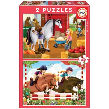 Puzzle 2 in 1 Educa - Horse grooming, 2x48 piese Puzzle 2 in 1 Educa - Horse grooming, 2x48 piese
