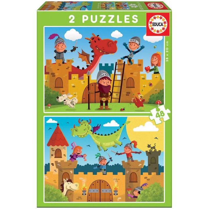 Пъзел 2 in 1 Educa - Dragons and knights, 2x48 части