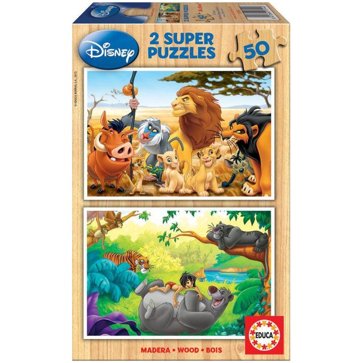 Puzzle 2 in 1 Educa - Disney Lion King, Animal friends, 2x50 piese