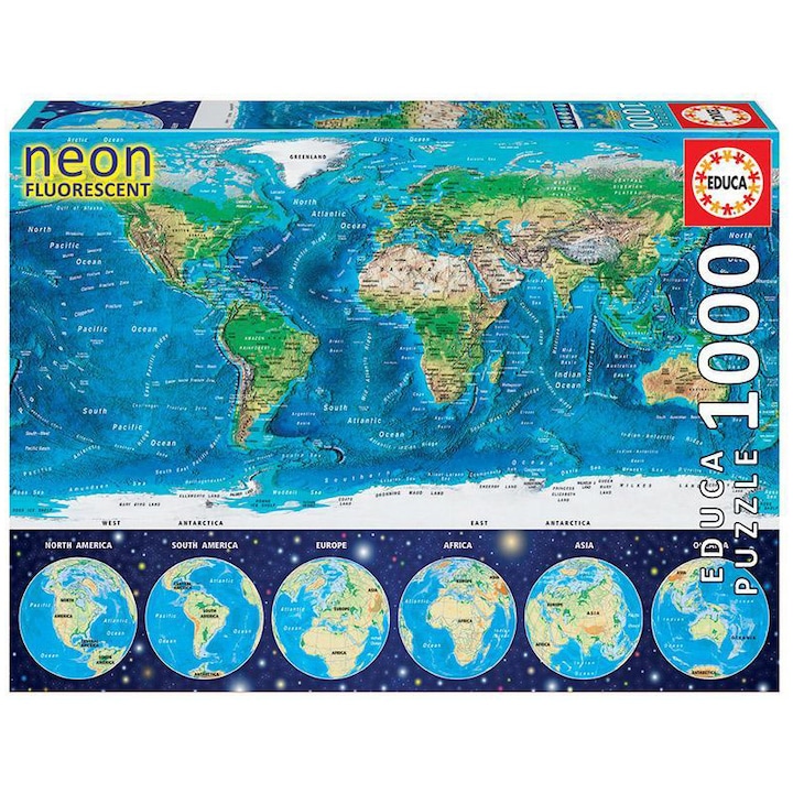 Пъзел Educa - Neon world map, 1000 части