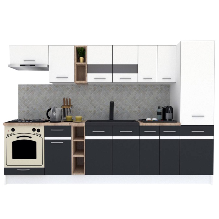 Set Bucatarie Marina New 310 A, Alb / Gri, 310 x 195,5 x 60 cm