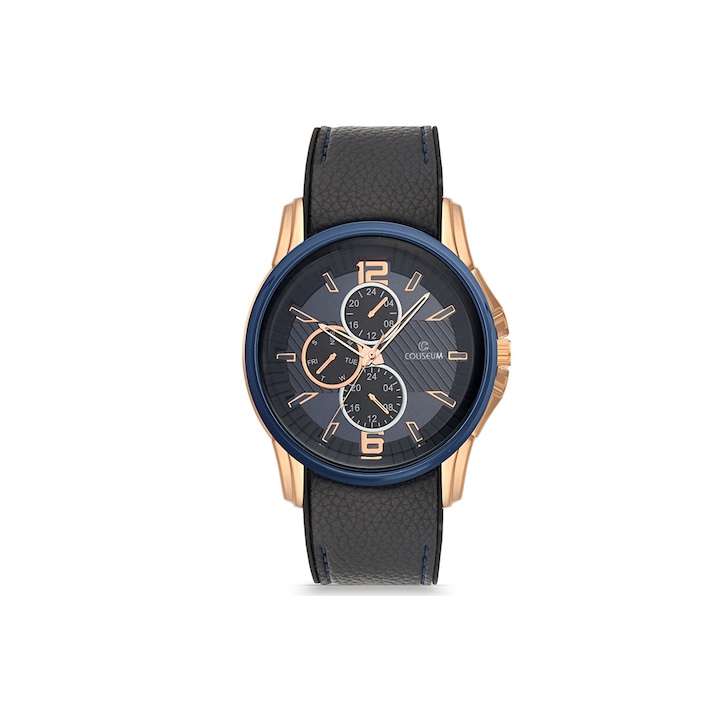 Ceas analog rotund cu curea neagra si cadran blumarin, Coliseum