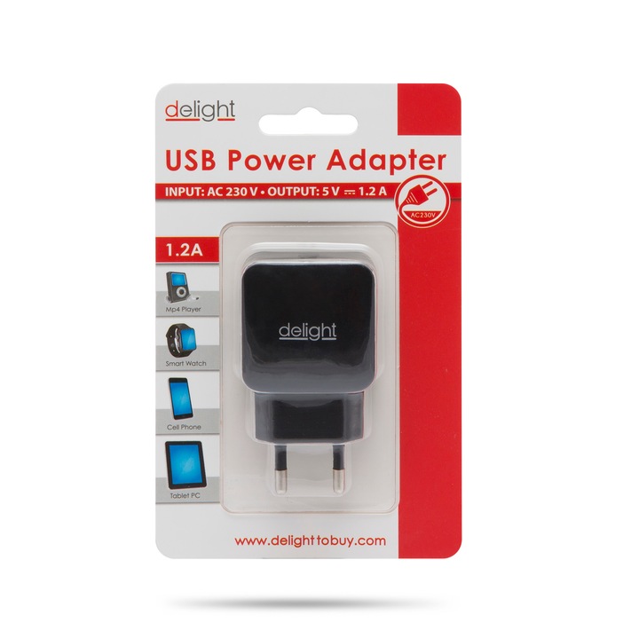 Incarcator retea USB CA, Delight, AC 230 V, Negru