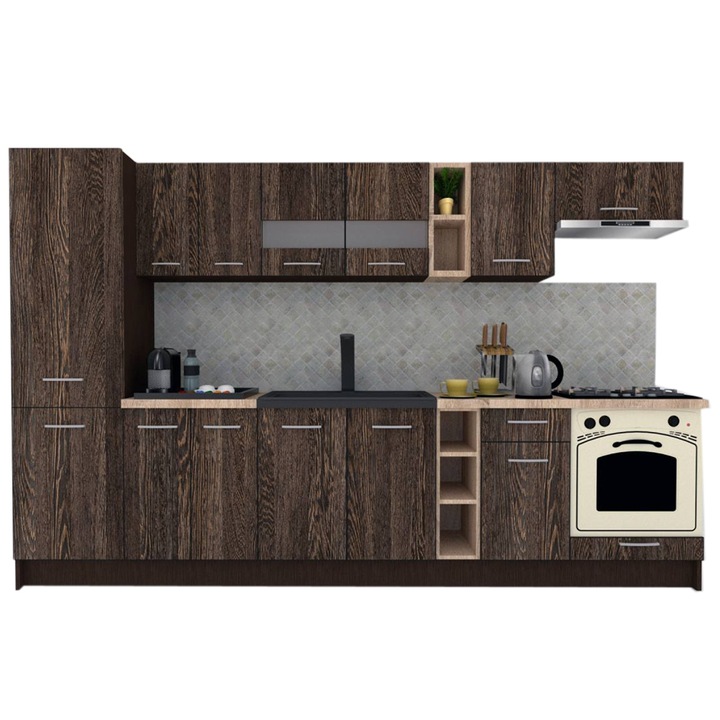 Set Bucatarie Marina New 310 B, Wenge / Decor 7648, 310 x 195,5 x 60 cm