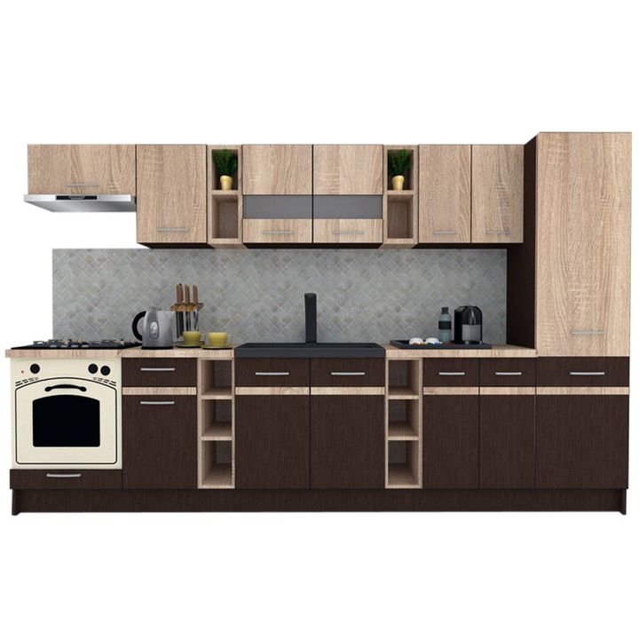 Set Bucatarie Marina New 330 A, Wenge / Stejar Sonoma, 330 x 195,5 x 60 cm