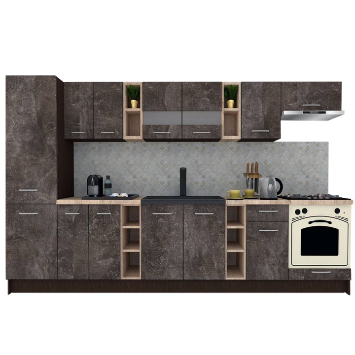 Set Bucatarie Marina New 330 B, Wenge / Decor 4299, 330 x 195,5 x 60 cm