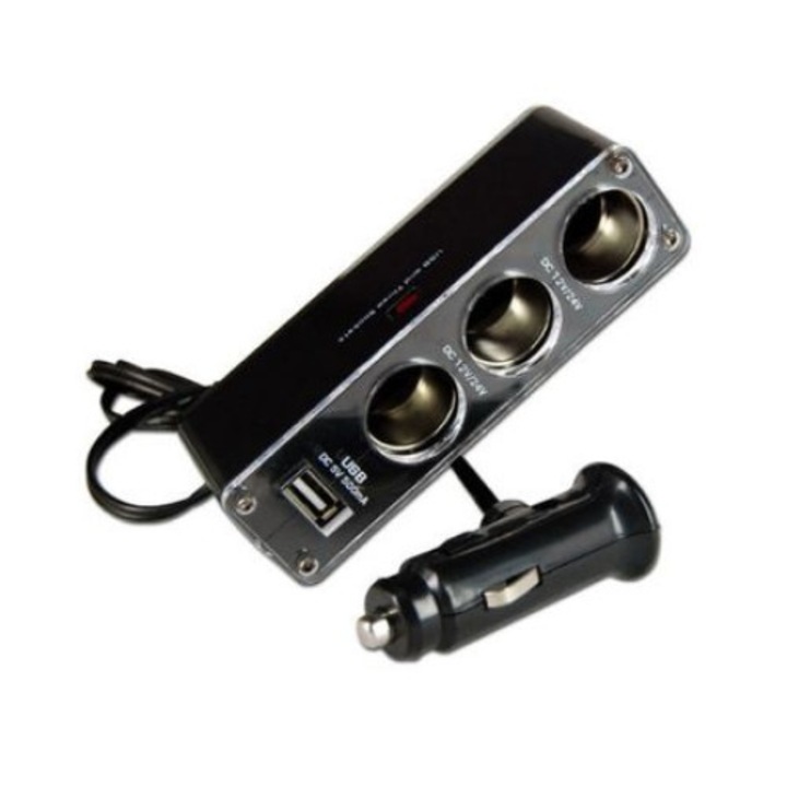 Incarcator Auto + Multiplicare Priza Auto Forever 3 in 1+USB cu cablu Negru Blister