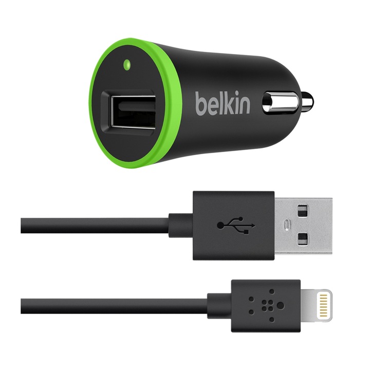 Зарядно устройство за кола Belkin BOOST UP, 12 W/2.4 A, Lightning Cable, 1.2 м, Черно