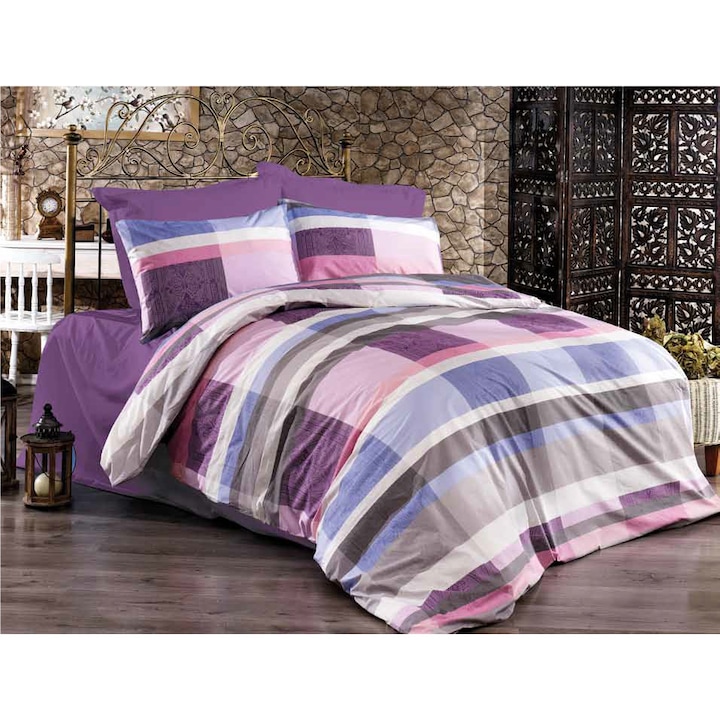 Спално бельо Terpe, памук Ranforce Lux, Модел с лилави карирани линии, 1 човек, 50X70, 150X200, 4 части