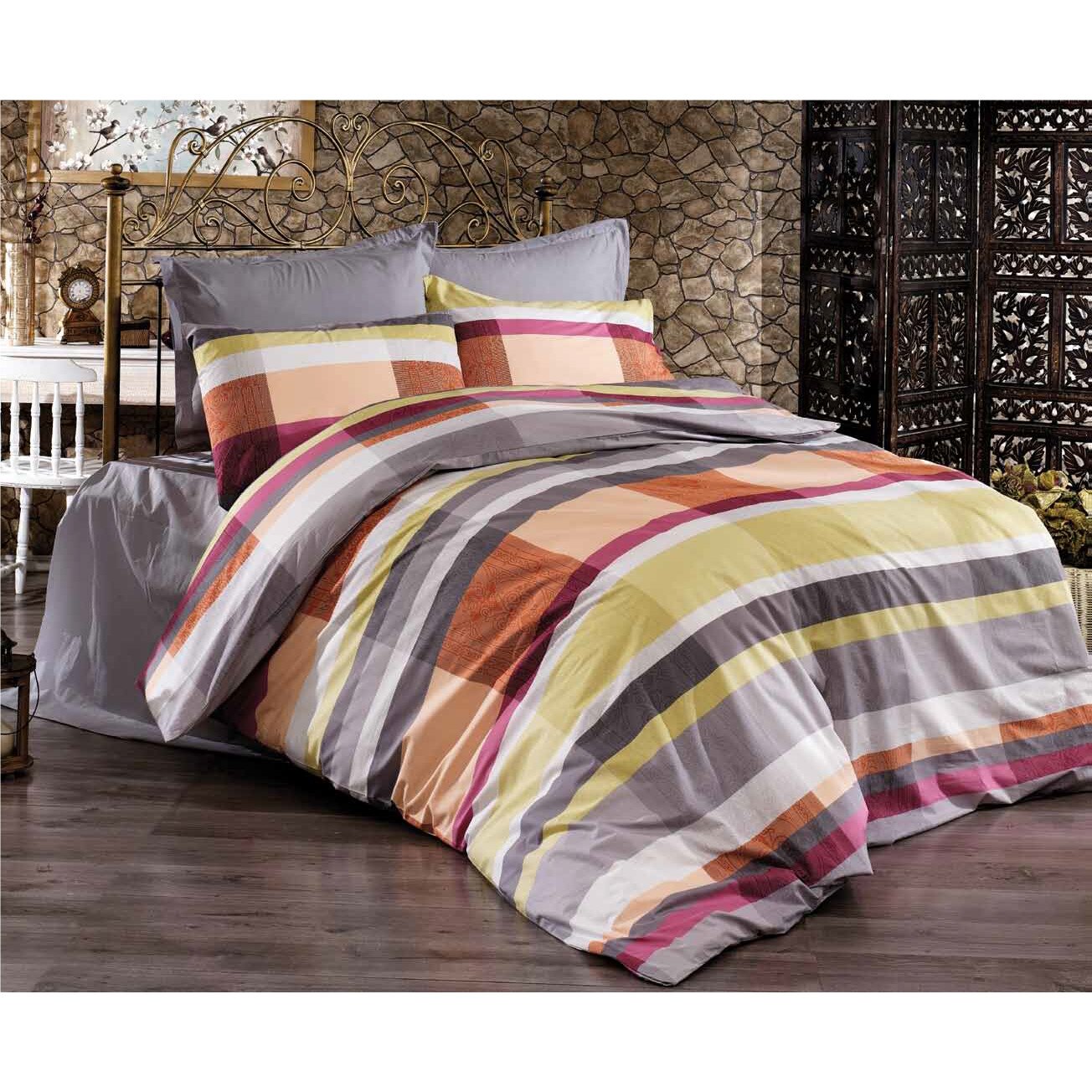 Lenjerie de Pat, Bumbac Ranforce Lux, Model Linii Carouri Galben, 2 persoane, 50X70, 180X200, 4 piese