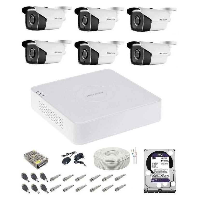 Sistem complet de supraveghere, 5 MP Hikvision Turbo HD cu 6 camere exterior, IR 40 m,toate accesoriile, HDD 2Tb special supraveghere, vizualizare pe internet