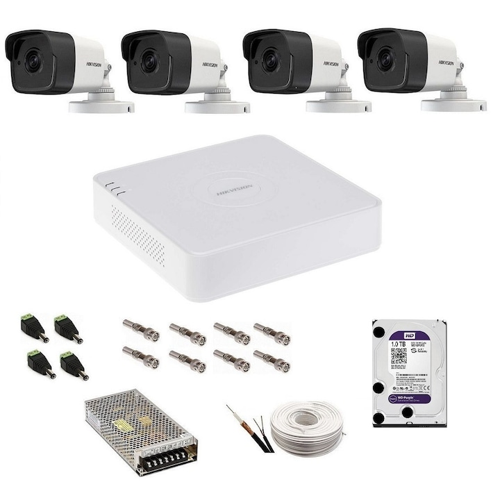 Комплект за наблюдение 5 MP Hikvision, Turbo HD, 4 външни камери IR 20 m, HDD 1 Tb