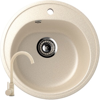 Set Baterie FLEKO FZXC MB410 + Chiuveta rotunda Compozit Bucatarie Ulgran U-101-328, Bej, Sistem scurgere Complet inclus Set Baterie FLEKO FZXC MB410 + Chiuveta rotunda Compozit Bucatarie Ulgran U-101-328, Bej, Sistem scurgere Complet inclus