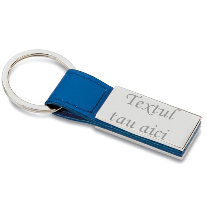 Breloc metalic piele gravat personalizat cu textul tau, Dalimag, 6x2 cm, albastru