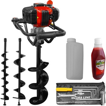 Motoburghiu pamant Media Line MF52-3, motor 2.1 CP, burghiu 100/150/200 mm, recipient amestec, set scule, 0.5l ulei amestec AgroPro Motoburghiu pamant Media Line MF52-3, motor 2.1 CP, burghiu 100/150/200 mm, recipient amestec, set scule, 0.5l ulei amestec AgroPro