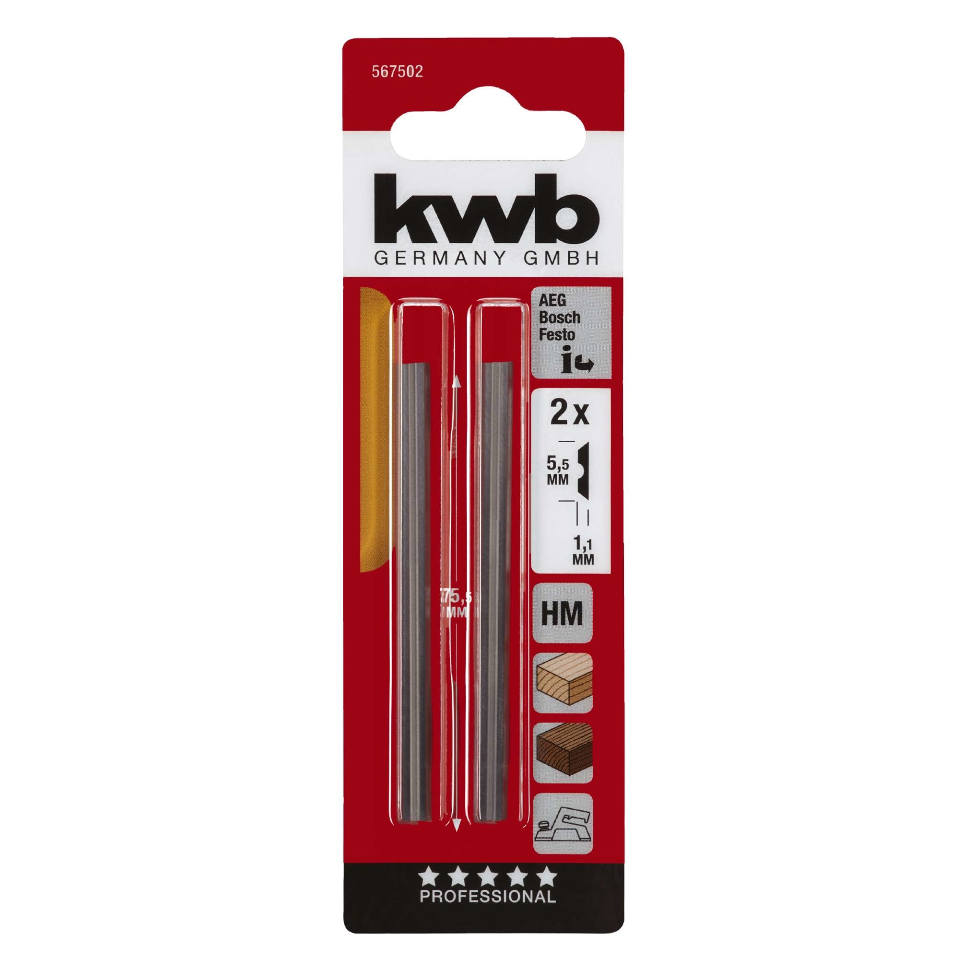 Set 2 bucati lama pentru rindea KWB Professional, 75.5 mm, carbura Tungsten