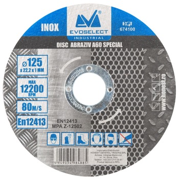 Disc Abraziv A60 Inox EvoTools, Diametru 125 mm, Grosime 1 mm Disc Abraziv A60 Inox EvoTools, Diametru 125 mm, Grosime 1 mm