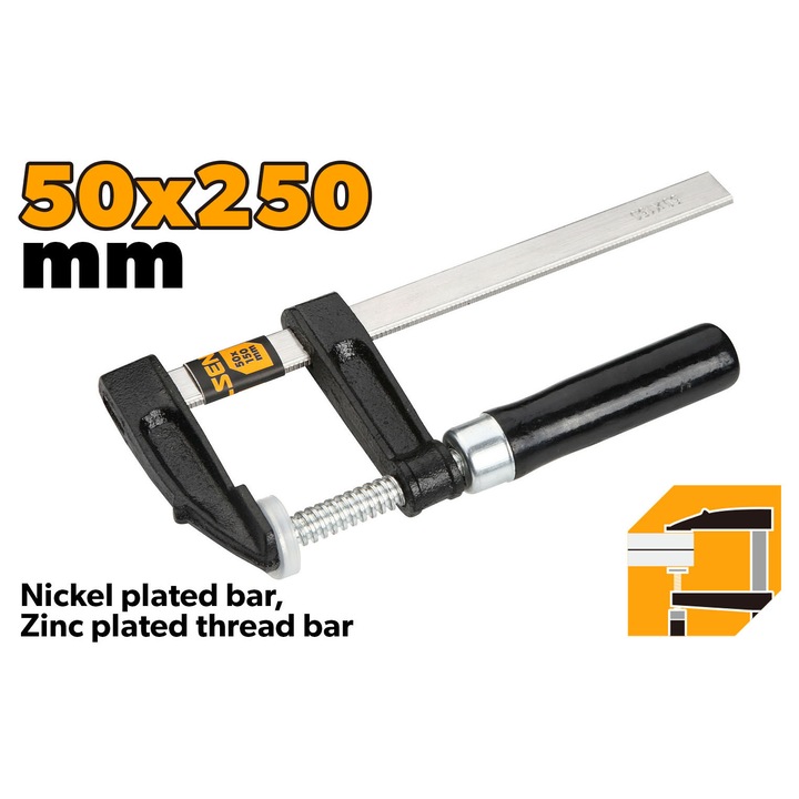 Menghina tip F TOLSEN 50x250 mm, Bara si filet nichelate, Grosime 4.5 mm, Latime 14.5 mm, Maner din lemn, deschidere maxima 250 mm, rigla usoara grosime 4.5 mm, bara otel nichelata, prindere ferma si sigura, ideala pentru tamplarie