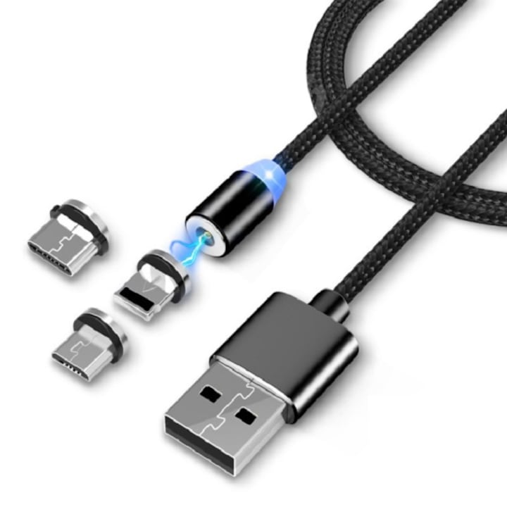Mágneses töltőkábel 3 az 1-ben, USB-C Micro-USB csatlakozók, Androidhoz és iPhone-hoz, 2A, 1M, fekete