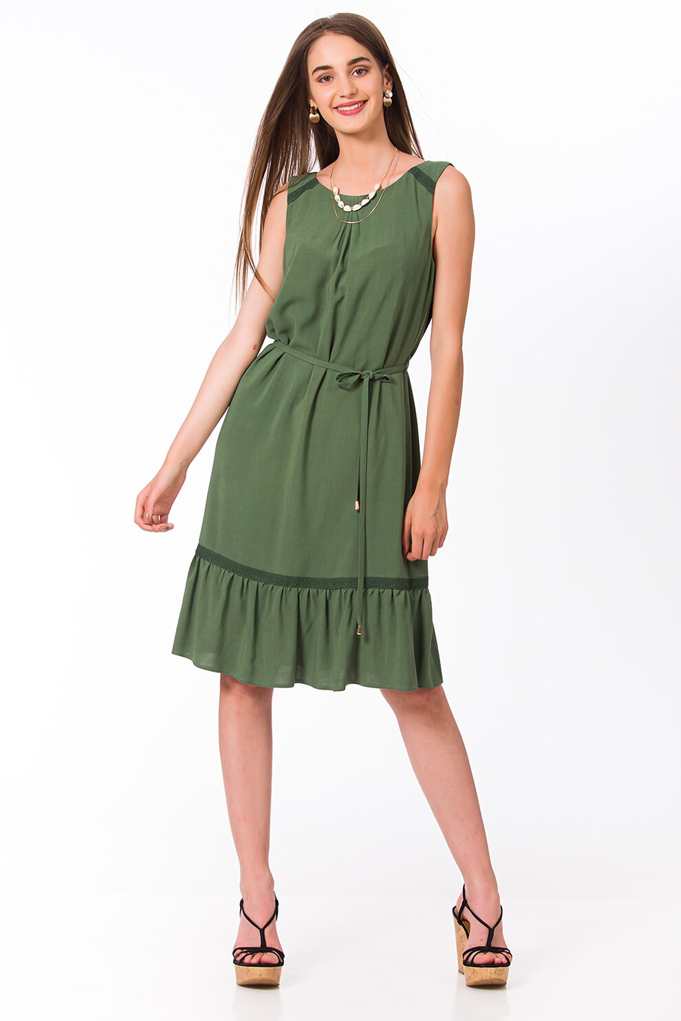 Sense, Rochie din amestec de in, fara maneci, Verde