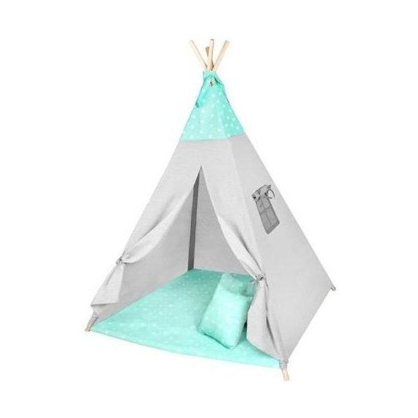 Cort copii XXL Teepee, Cort, Covoras, 3 Perne, Iso Trade, Verde/Gri Stelute