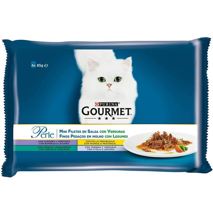 Hrana umeda pentru pisici Gourmet Perle, Multipack Mini Fileuri in Sos Vita, Pui, Iepure, 4 x 85 g
