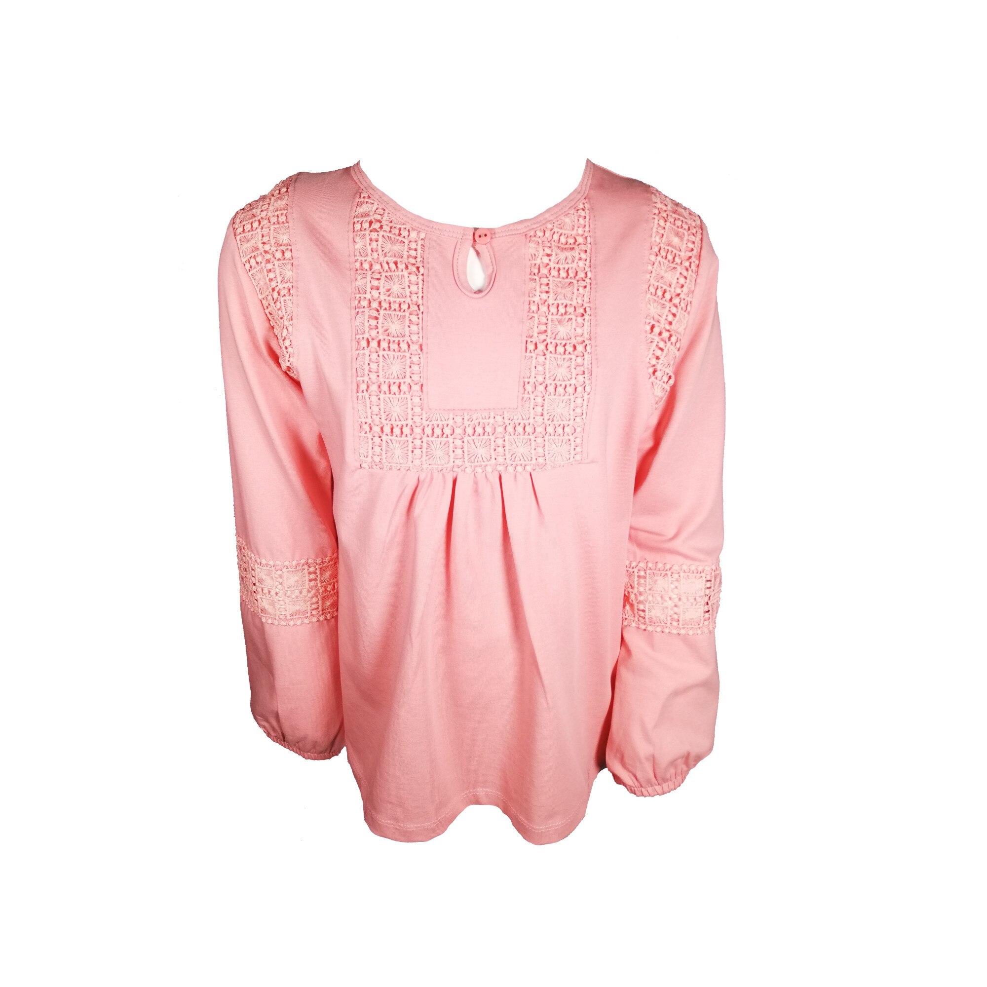 Bluza fete, alba, din bumbac, cu broderie pe piept si maneci, Roz