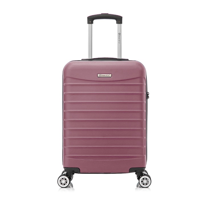 Quasar & Co.® kabin kocsi, 55x36x20cm, kézipoggyász, bőrönd lopásgátló cipzárral, kóddal, hosszú teleszkópos fogantyúval, bőrönd 4 csendes dupla kerékkel 360°, ABS 2,8 mm extra kemény, szivacs bélés, 2 rekesz zsebbel, LINE, por rózsaszín