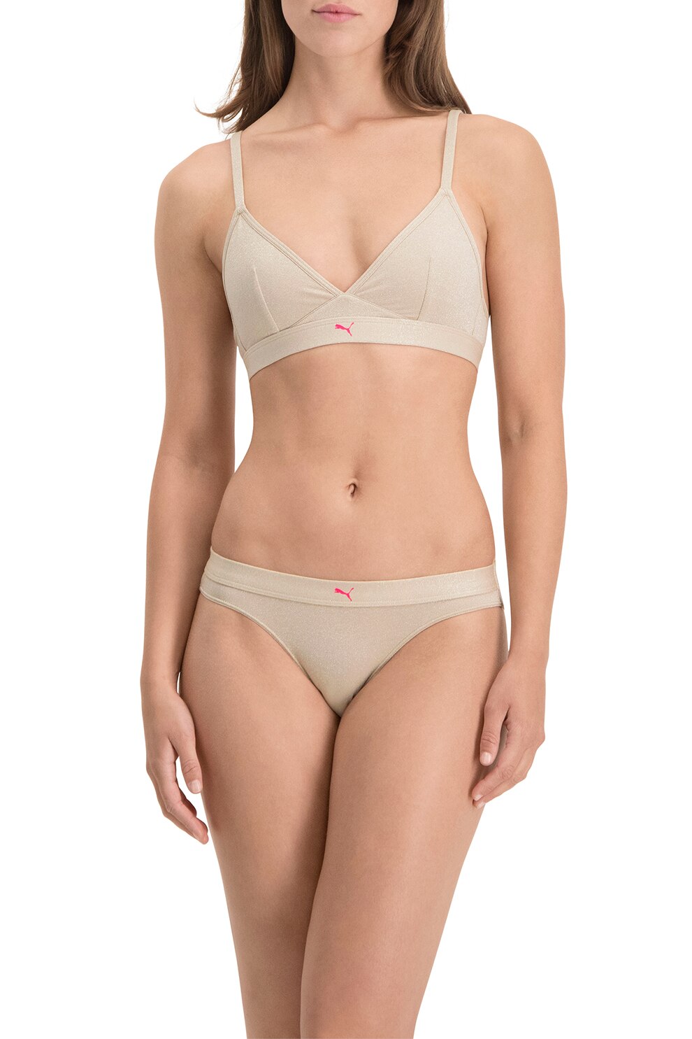 Puma, Sutien cu cupe triunghiulare si aspect stralucitor, Bej, XS