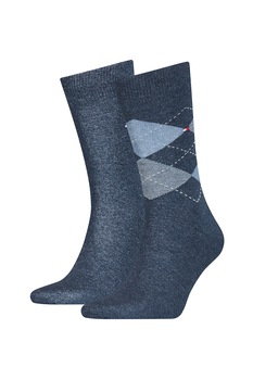 Tommy Hilfiger, Set de sosete elastice cu model uni si in carouri - 2 perechi, Albastru melange, 47-49 Tommy Hilfiger, Set de sosete elastice cu model uni si in carouri - 2 perechi, Albastru melange, 47-49