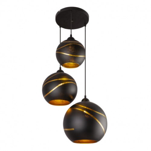 SuspensieGlobo LOMMY 54005-3H, metal negru-auriu, abajur din sticla negru- auriu, 20cm, 25cm si 30cm, cabluri textil negru, D 480, H 1200