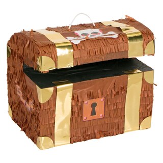 Pentolaccia A Forma Di Baule Del Tesoro Pirata - Pinata Da Tirare Marrone-Oro 30x26cm - Compleanno Bambini A Tema Pirati