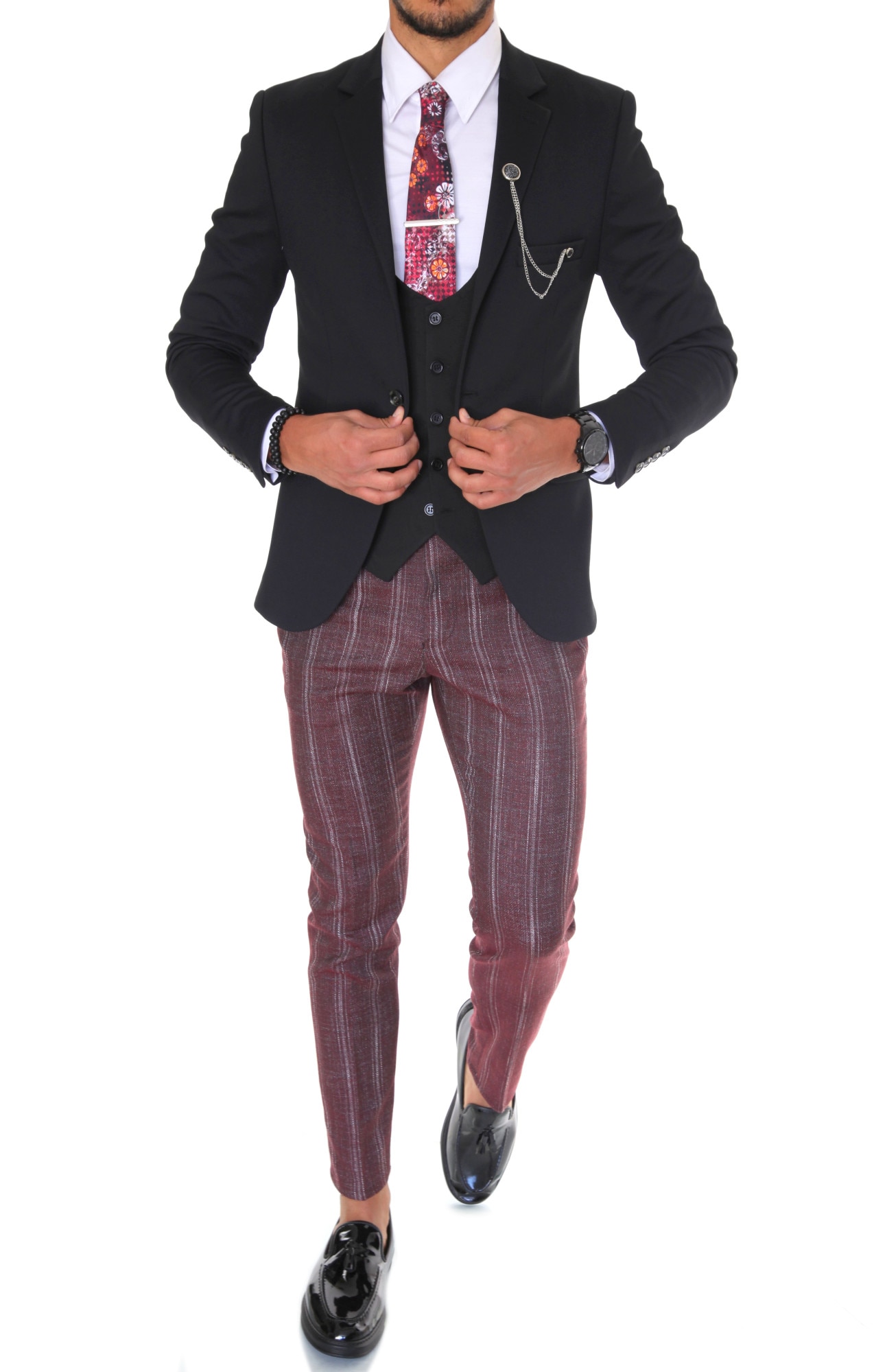 Costum pentru barbati, elegant, slim fit, sacou, vesta, pantaloni, negru, B1803