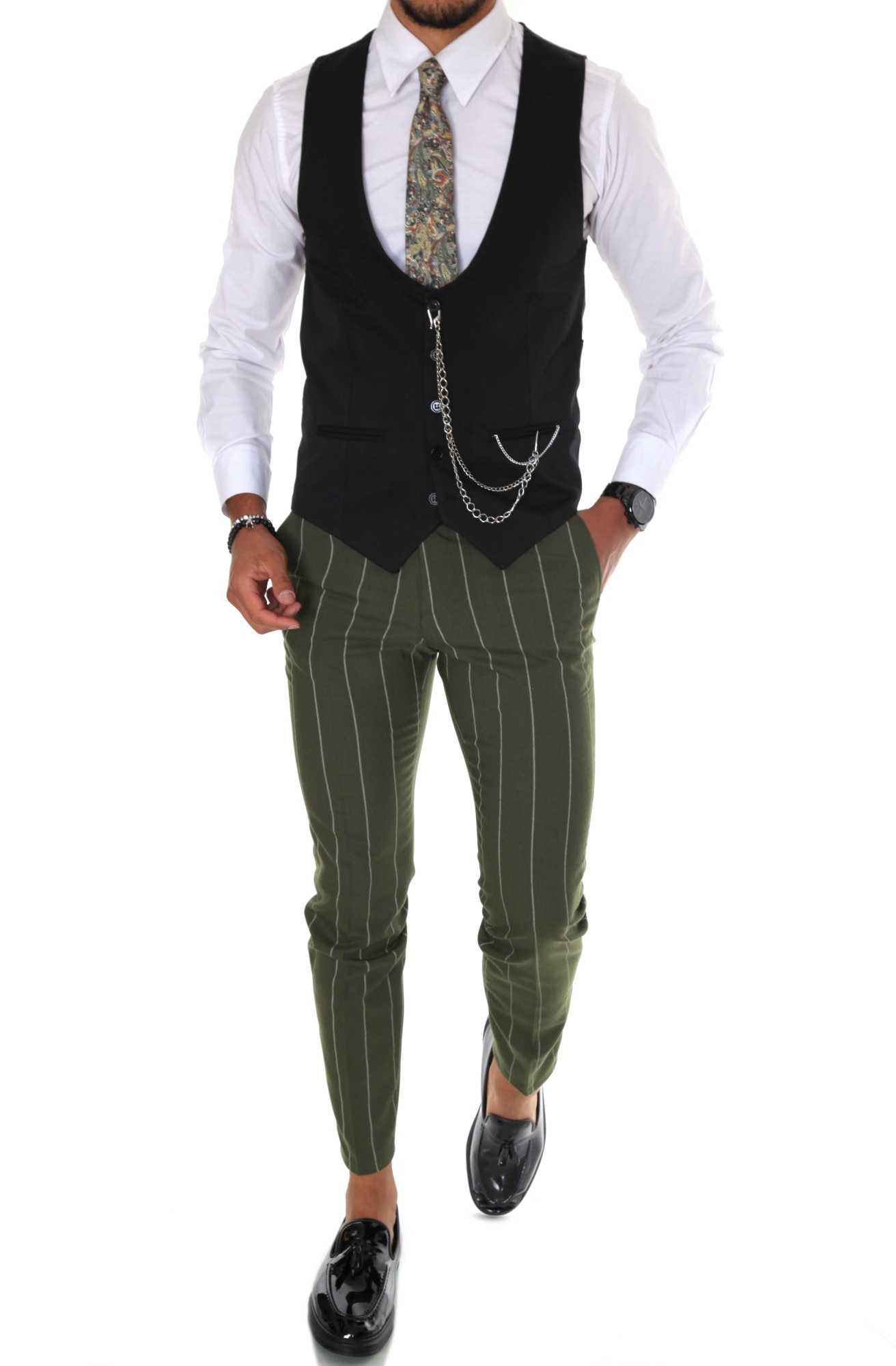 Costum pentru barbati, elegant, slim fit, vesta, pantaloni, negru, B1799