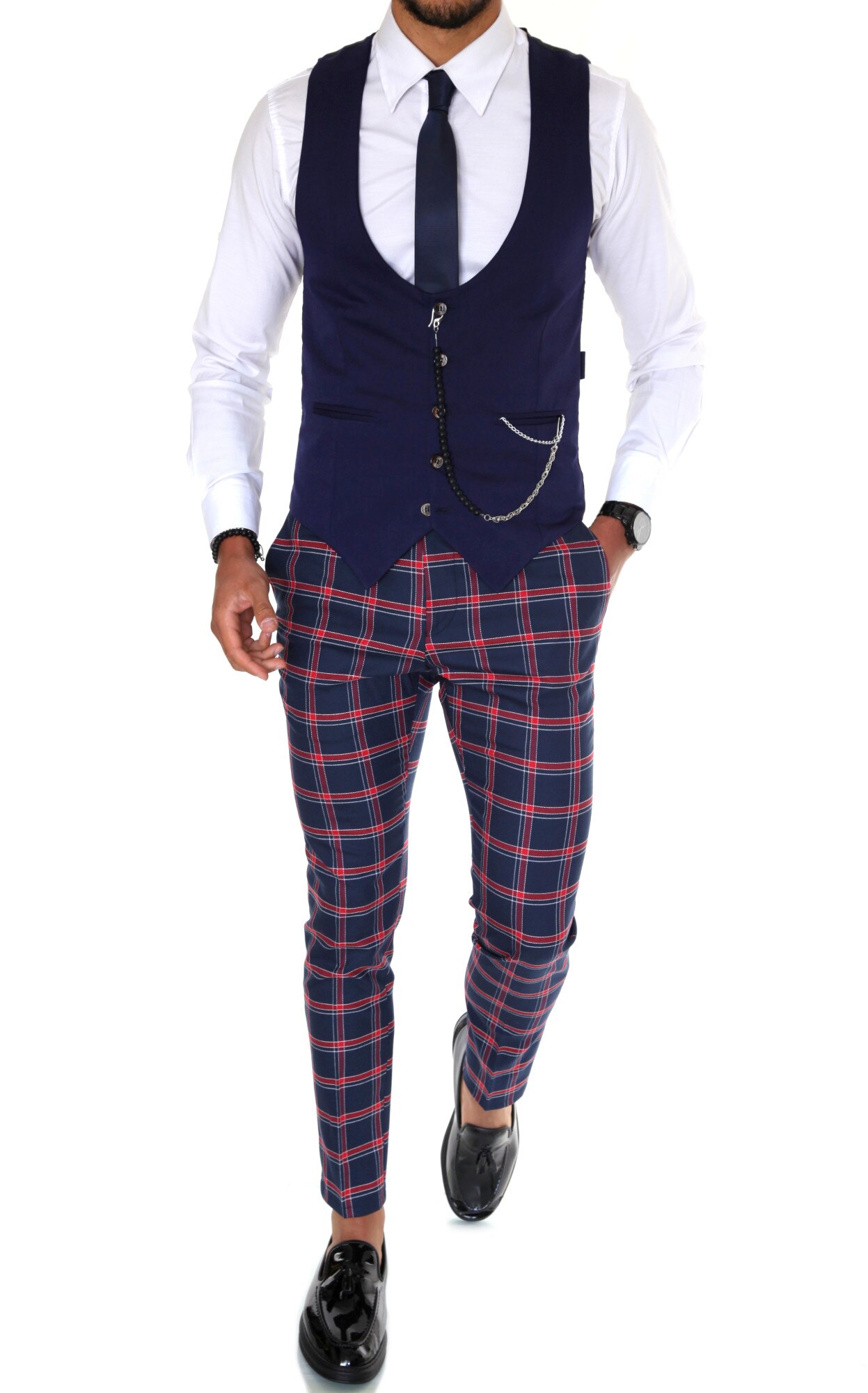 Costum pentru barbati, elegant, slim fit, vesta, pantaloni, bleumarin, B1829