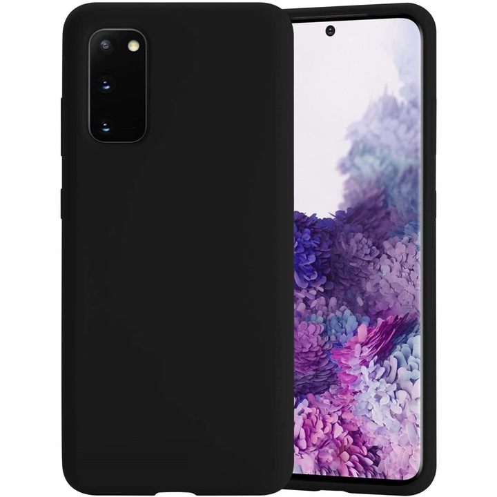 Husa protectie compatibila cu Samsung Galaxy S20, ultra slim, silicon Negru, cu interior de catifea, protectie camera, PlanetPhone