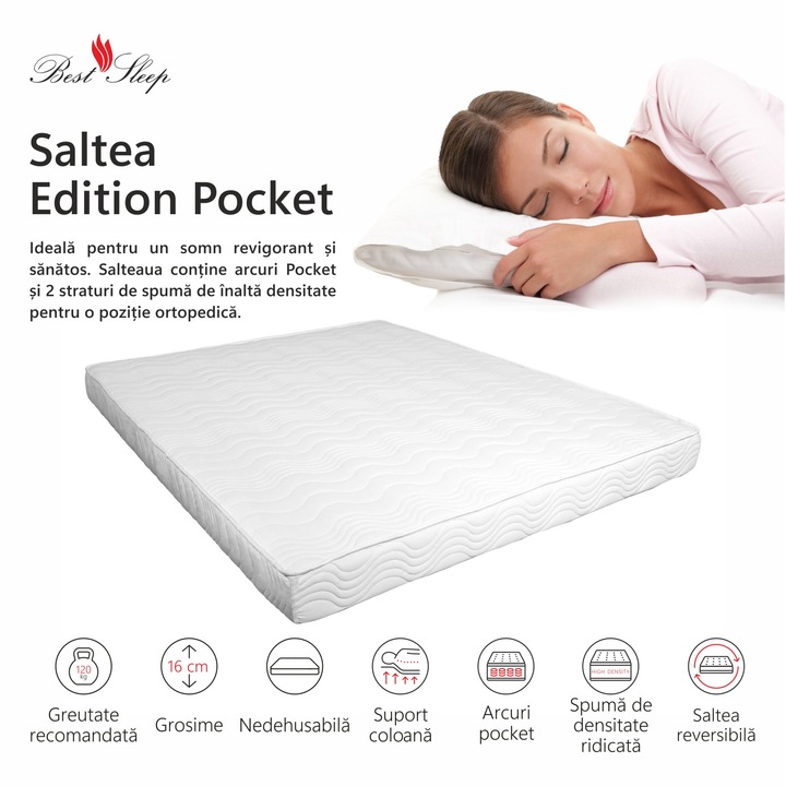 Saltea Ortopedica, Bestsleep, Edition Pocket, 160x200x16cm, spuma poliuretanica si arcuri individuale, hipoalegenic, reversibila, ferma