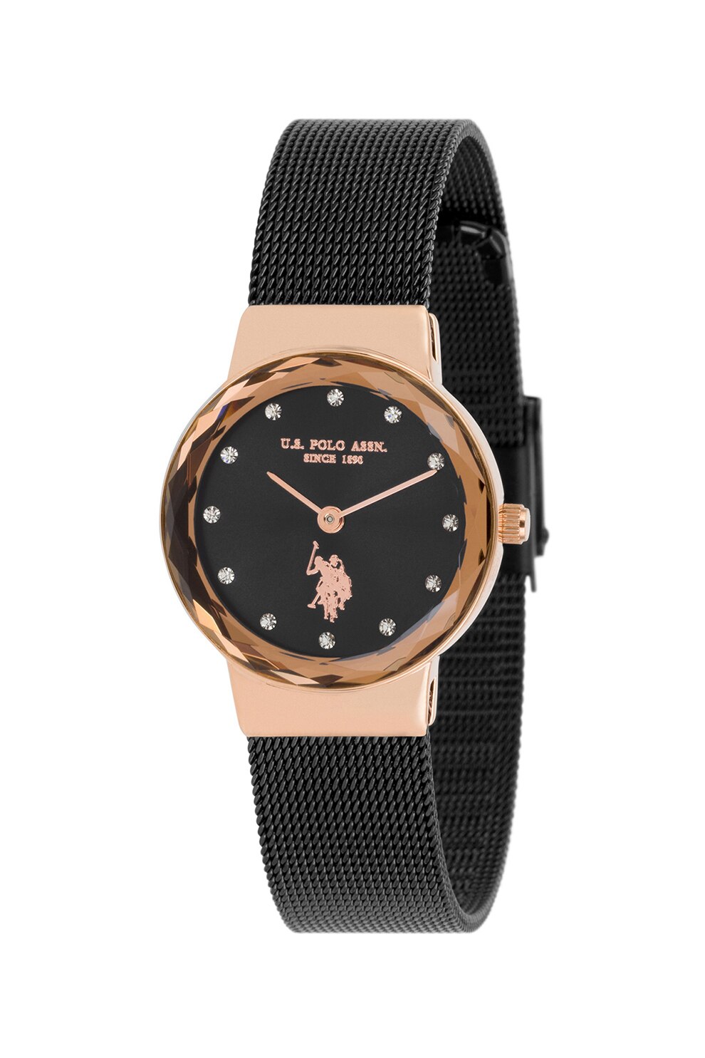 U.S. Polo Assn., Ceas quartz decorat cu cristale, Negru/Auriu rose