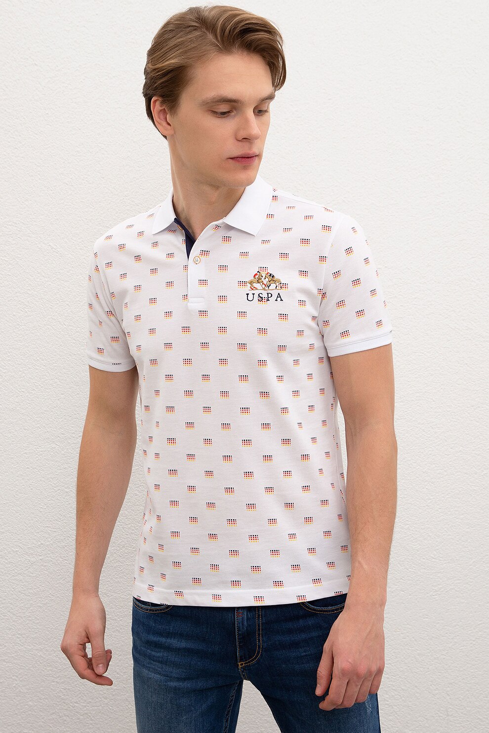 U.S. Polo Assn., Tricou polo slim fit cu model geometric, Alb/Oranj/Bleumarin