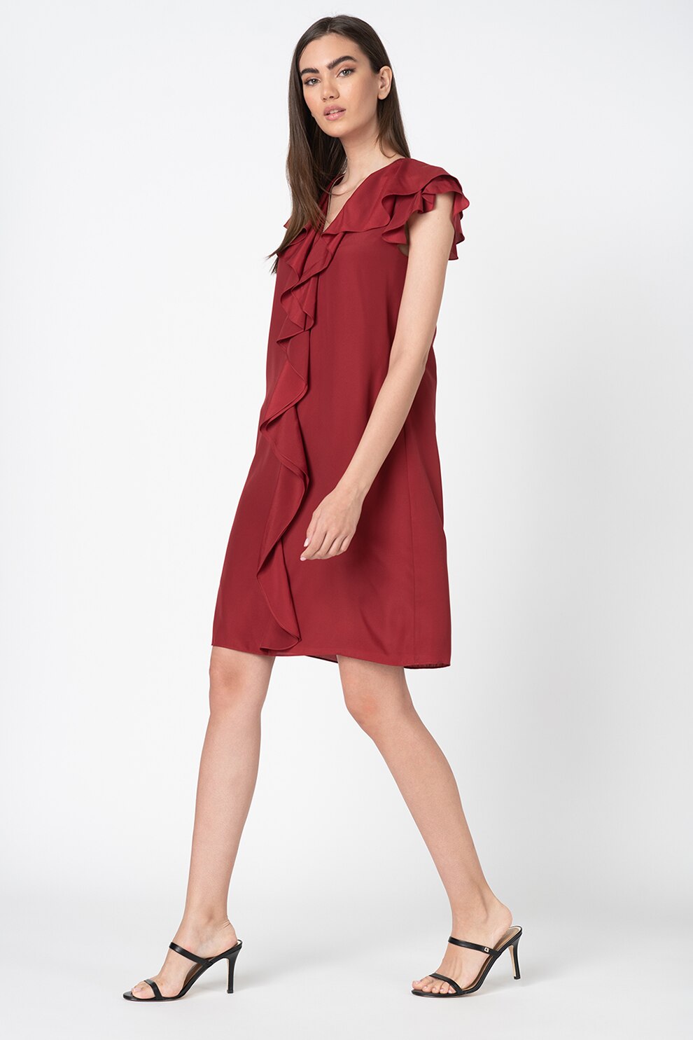 Karl Lagerfeld, Rochie mini cu volane, Rosu inchis, XS