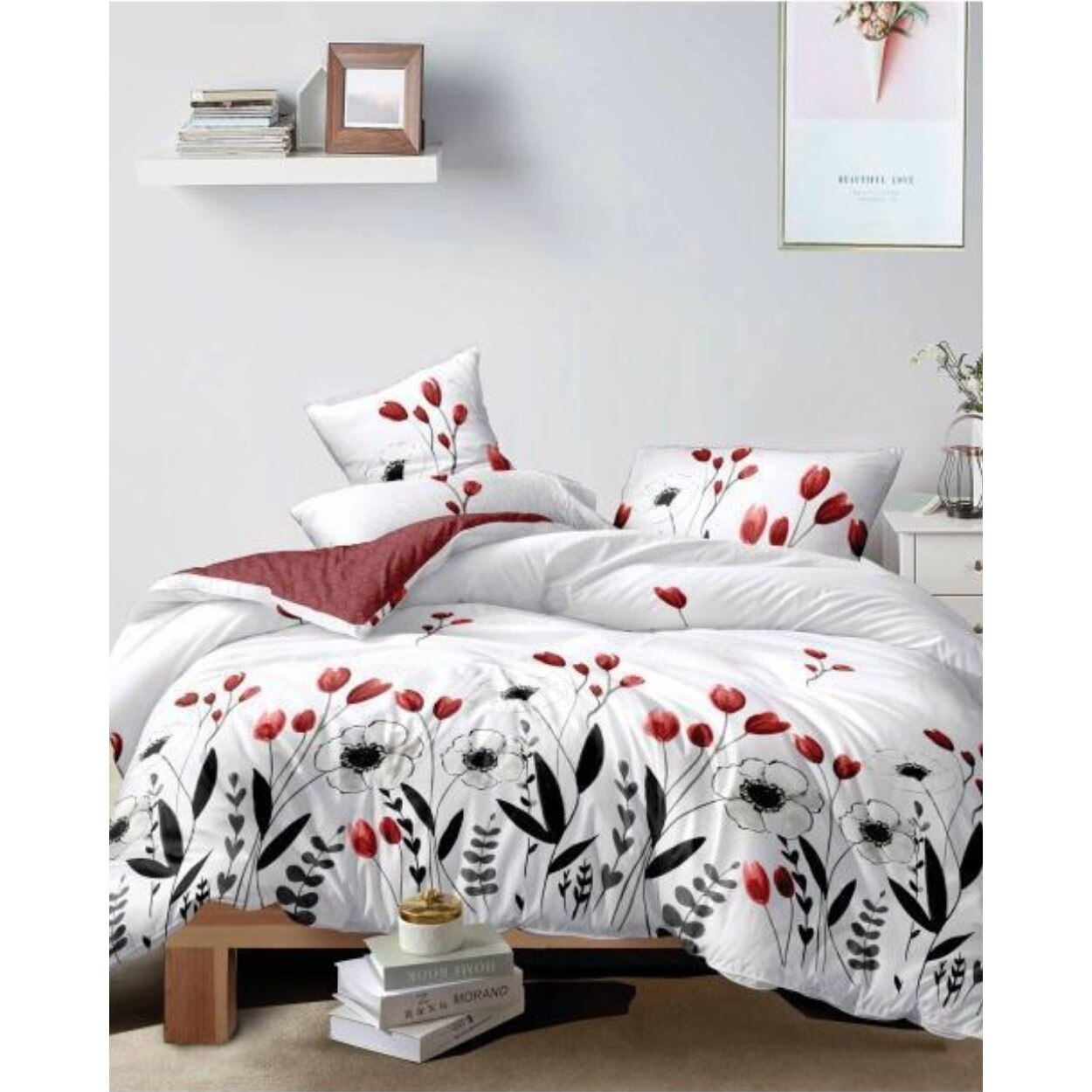 Set Lenjerie Finet Satinat Gros cu 2 Fete, 6 Piese, Pat 2 Persoane, Tulips